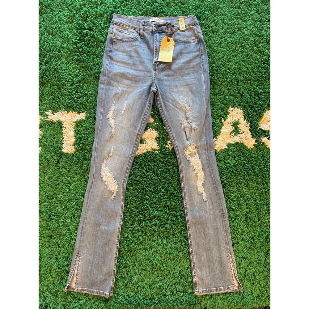 Vibrant M.I.U. Distressed Jeans Womens 9 Blue NEW High Rise Side Slit Flare